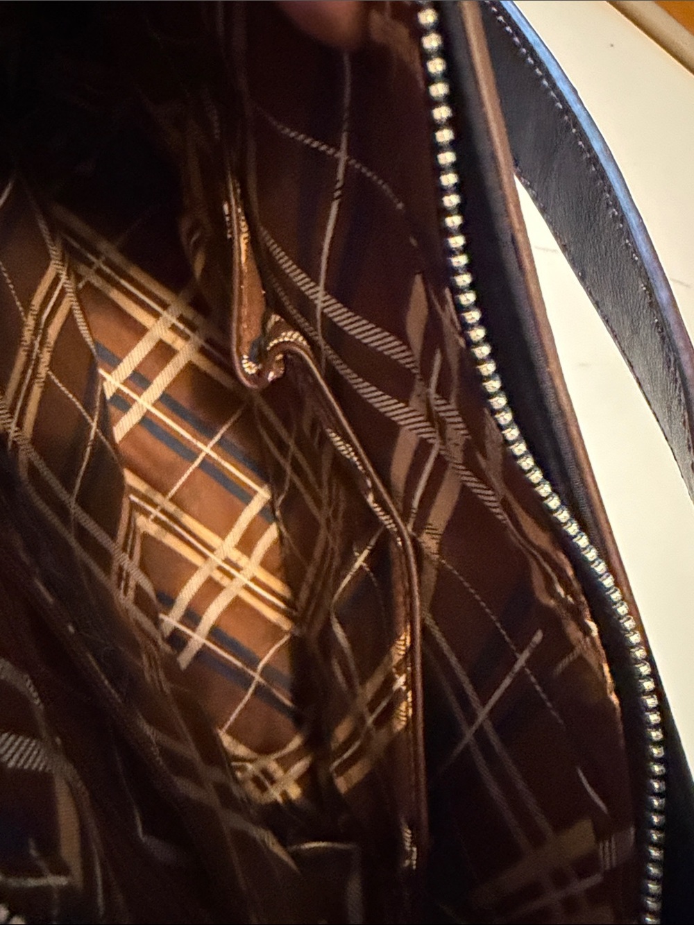 Vera Bradley Wildwood Park microfiber bag. Quilted navy blue with brown strap. - Picture 6 of 13